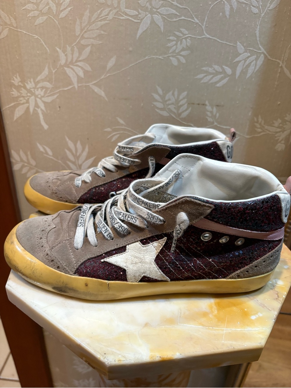 Golden Goose Midstar beige suede sneakers with burgundy sequins & star